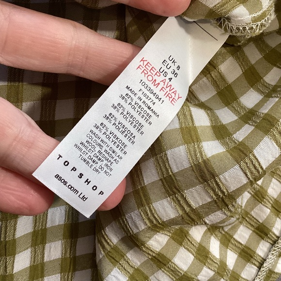 Topshop Tie Sleeve Gingham Mini Dress in Khaki, Size 4 Item 103394573 - Picture 12 of 13